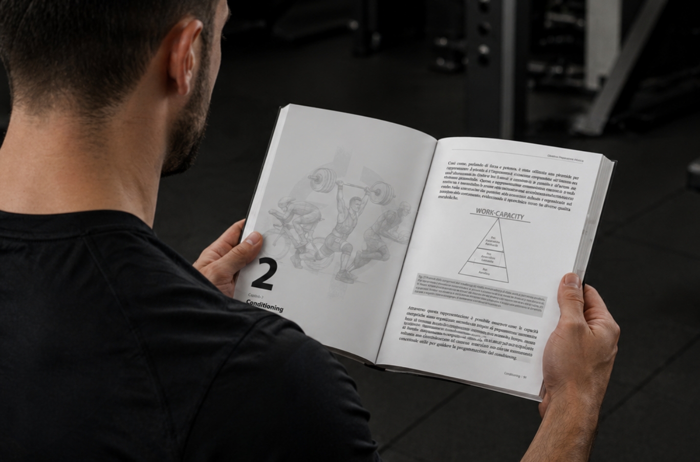 Persona che legge un libro aperto in palestra